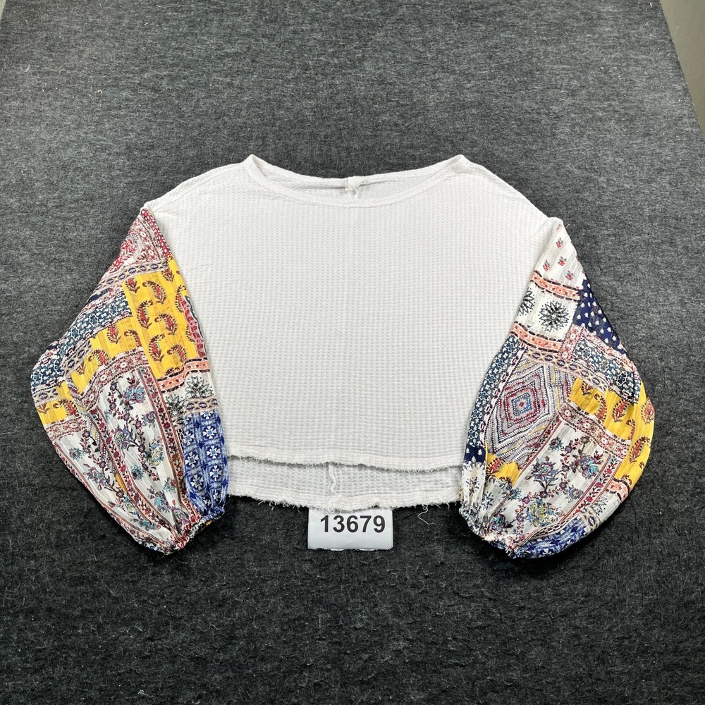 By Together Blouse Top Womens Medium White Waffle Knit Patchwork Balloon Sleeve
